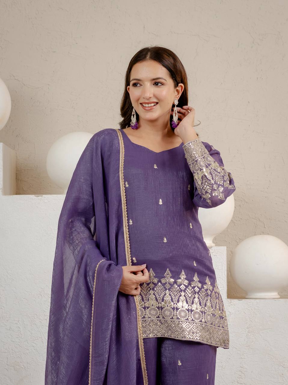 Elegant Lavender Embellished Kurta and Flared Sharara Set Featuring Intricate Silver Zari Embroidery and a Sheer Matching Dupatta